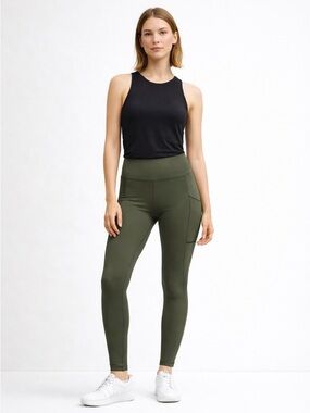 Lululemon High Rise Running Leggings Olive Green Size 4 Side Pockets Zip Back